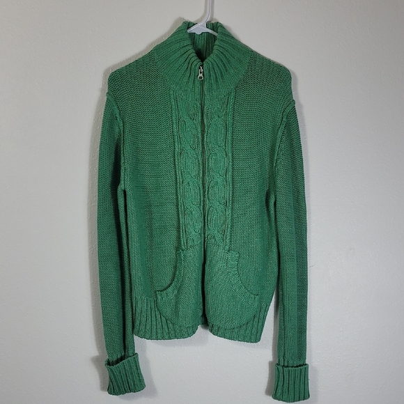 Y2K Old Navy Women Zip Up Chunky Cable Knit Jacket Size L Green Fisherman - Picture 1 of 12